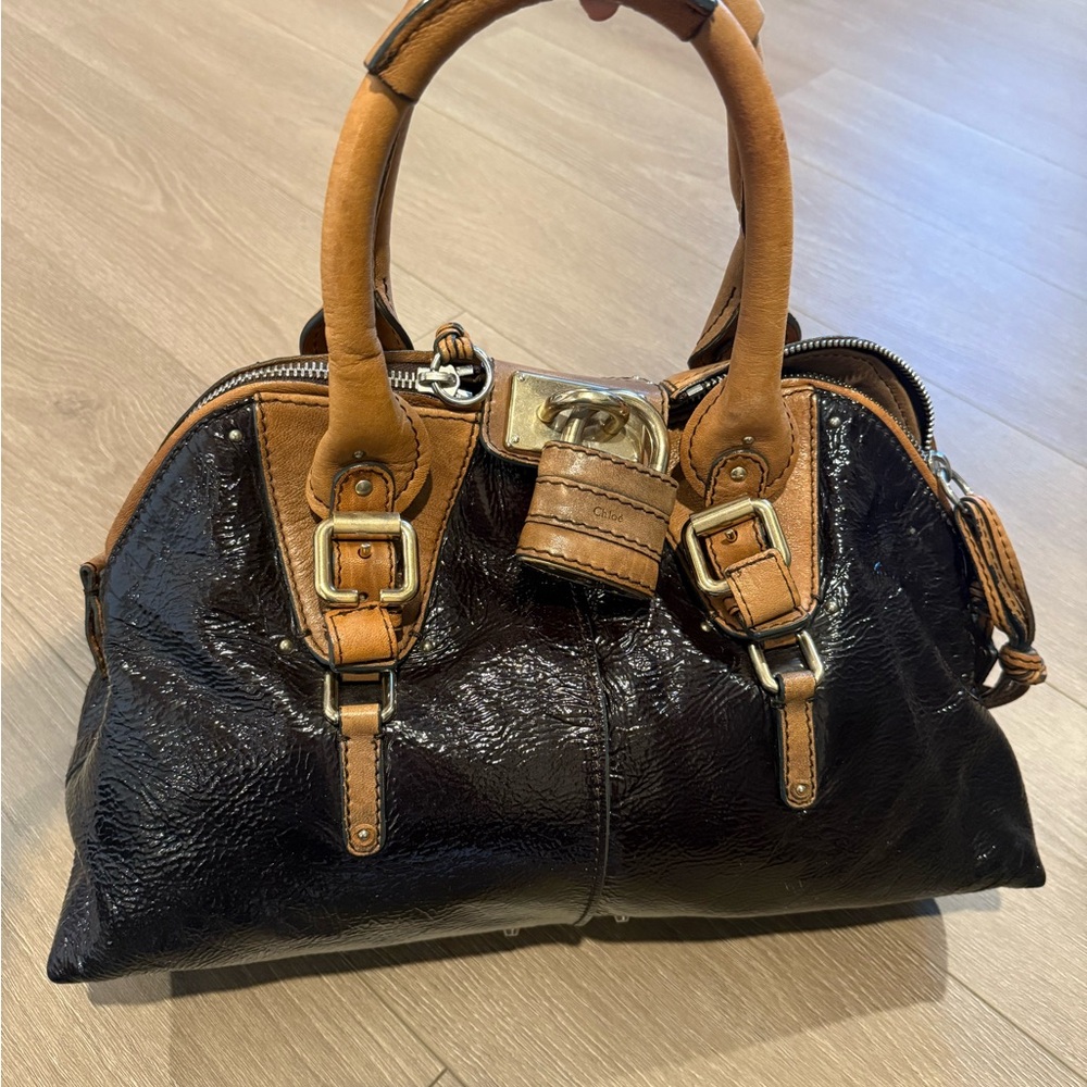Chloe Paddington Patent Green/Black and Tan Leather Handbag